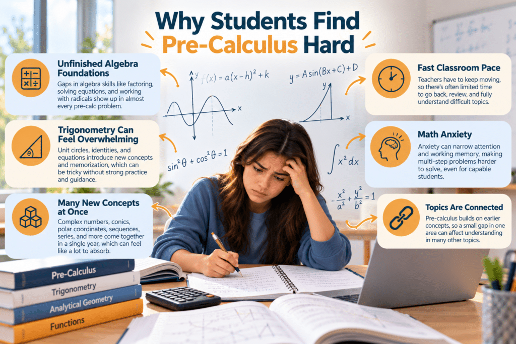 Infographic explaining why students find pre-calculus hard, highlighting algebra gaps, trigonometry, new concepts, classroom pace, math anxiety, and connected topics.