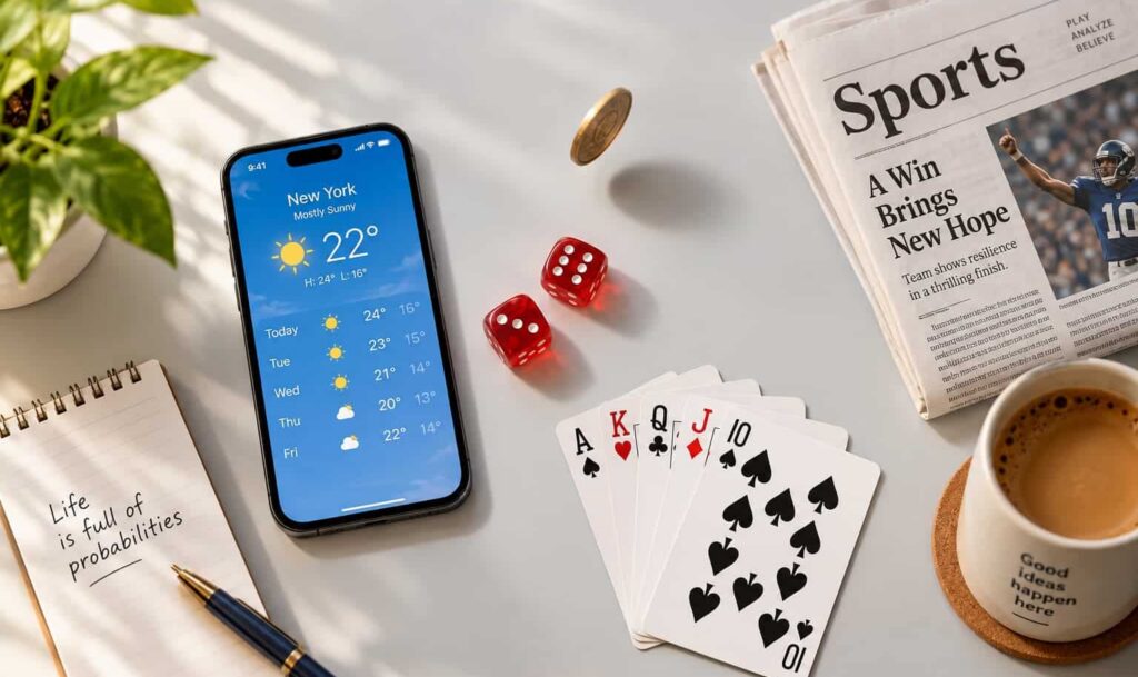 Flat-lay of dice, playing cards, flipping coin, weather forecast smartphone, and sports newspaper representing probability