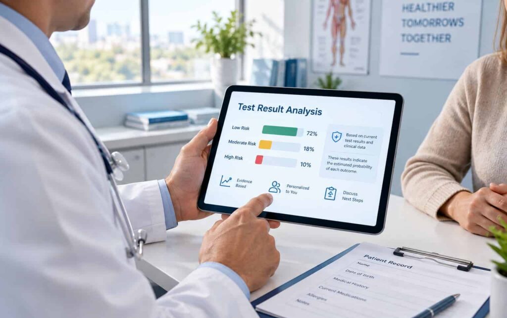 Doctor reviewing a tablet showing test result probability percentages beside a patient record in a bright clinic