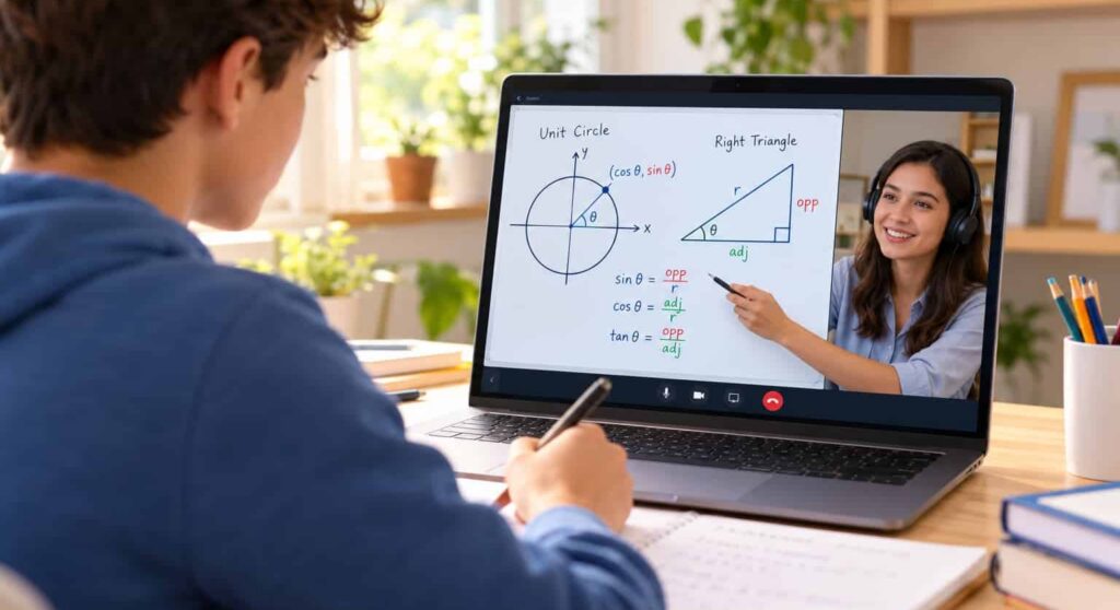 High school student learning trigonometry with an online tutor using a digital whiteboard showing a unit circle and right triangle.