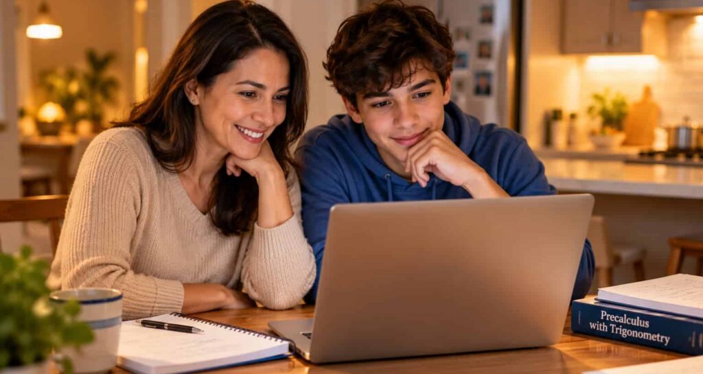 Parent and teenage student reviewing online math tutoring options together on a laptop at a kitchen table.