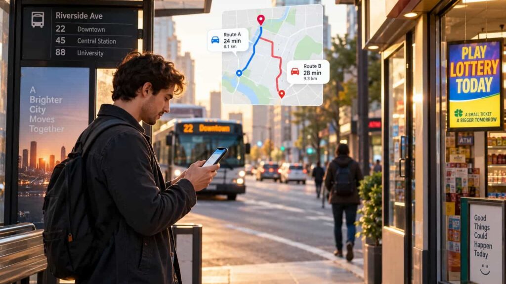 Commuter checking two route options on a phone at a city bus stop with a lottery sign in the background