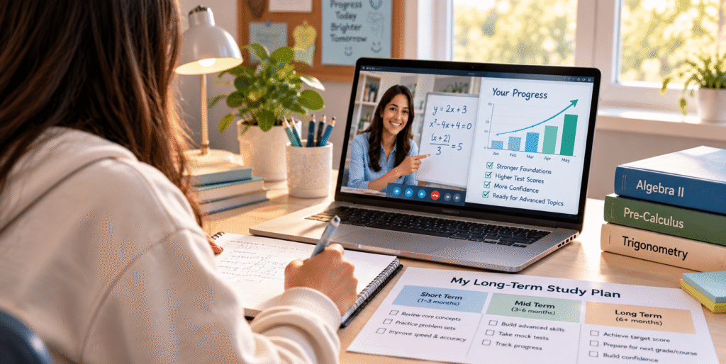 High-school student viewed from behind during an online math tutoring session, reviewing a progress chart and long-term study plan.