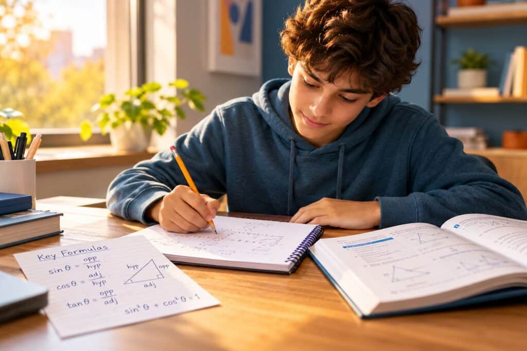 Teenage student solving math problems in a notebook at a wooden desk with a math textbook and handwritten formula sheet in warm afternoon light.