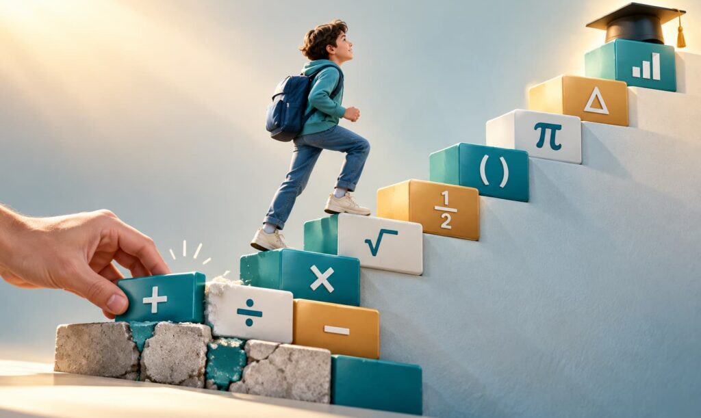 Student climbing a staircase made of math blocks while a hand repairs the foundation, symbolizing strengthening foundational math skills.