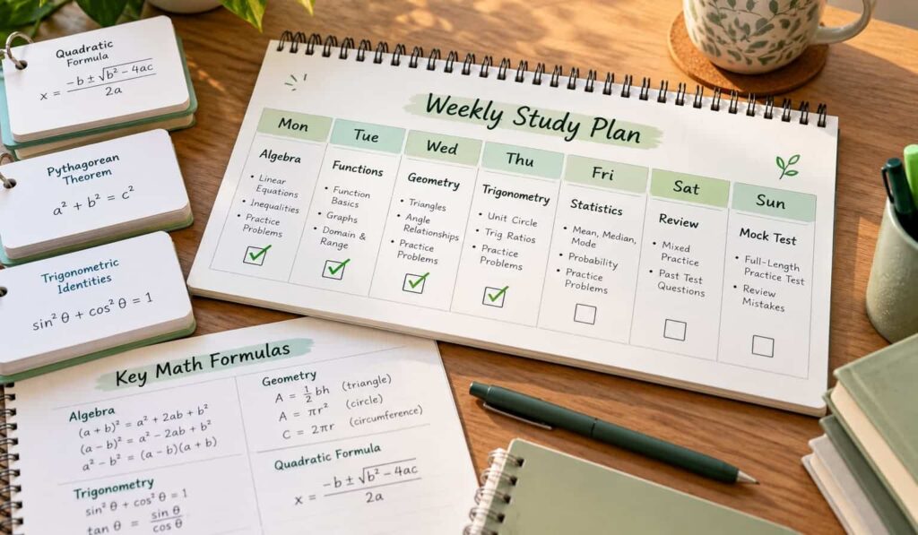 Weekly math study planner with daily topics, green checkmarks, math formula flashcards, a reference sheet, and a cup of tea on a wooden desk.