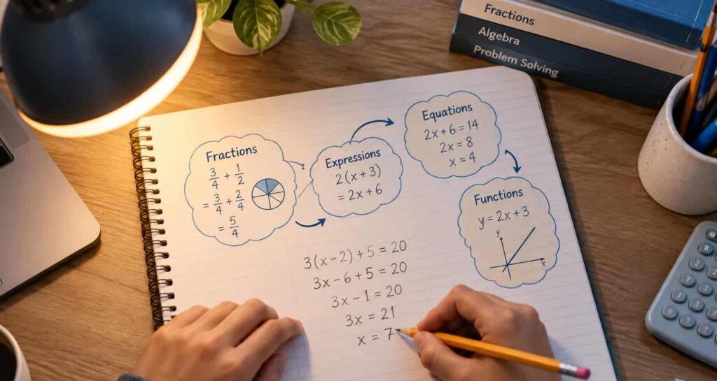Student's hands solving a math problem in a notebook with diagrams connecting fractions, algebraic expressions, equations, and functions.