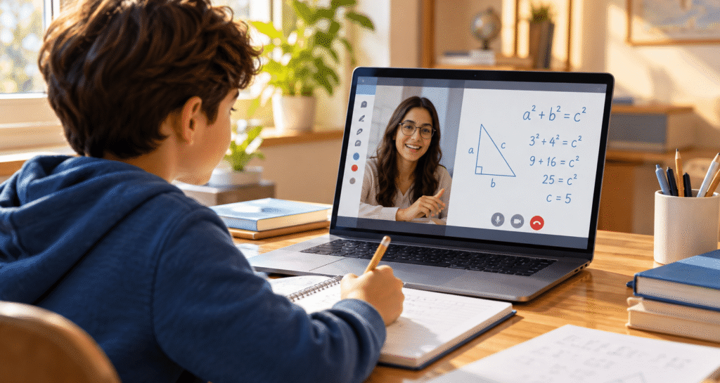 Young student practicing math at a wooden desk during an online tutoring session, with an instructor explaining the Pythagorean theorem on a laptop's digital whiteboard.