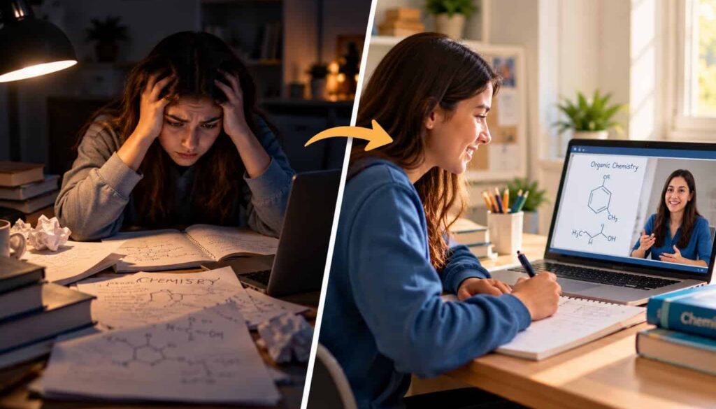 Split-screen showing a frustrated student struggling with chemistry at night and the same student confidently learning during an online tutoring session.