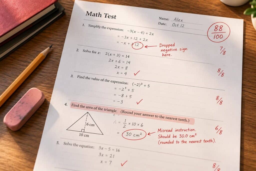 Graded math test paper with red pen marks highlighting a dropped negative sign and a misread rounding instruction, with a pencil and eraser on a wooden desk.
