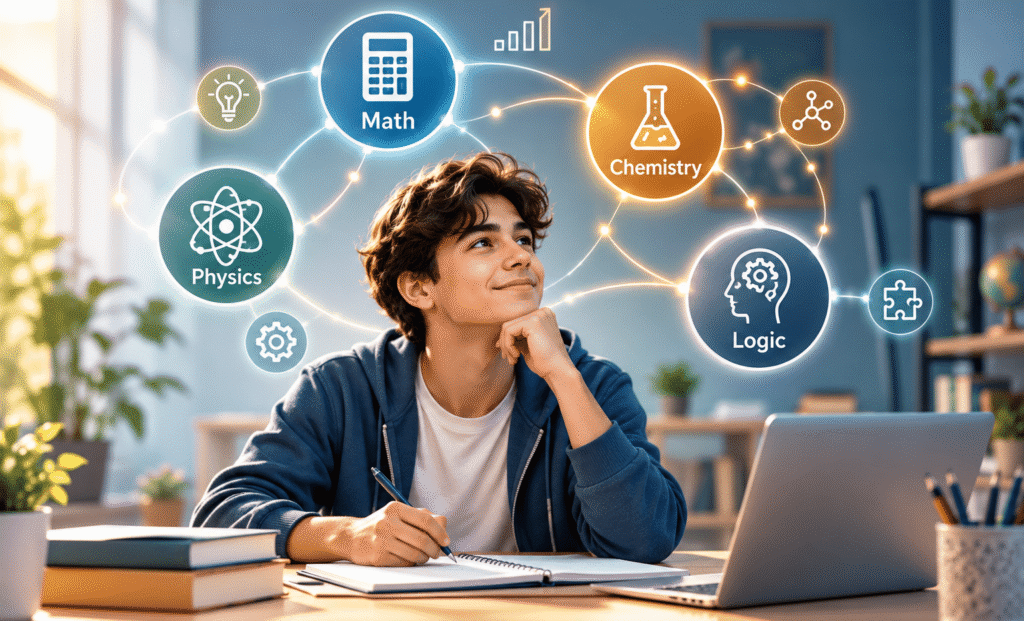 High-school student surrounded by connected math, physics, chemistry, and logic icons, symbolizing transferable academic skills.