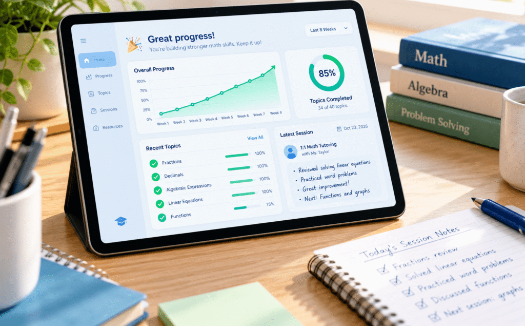 Tablet displaying a student math progress dashboard with a rising line graph, 92% overall progress, completed topics, and recent practice scores on a sunlit study desk beside handwritten notes and math