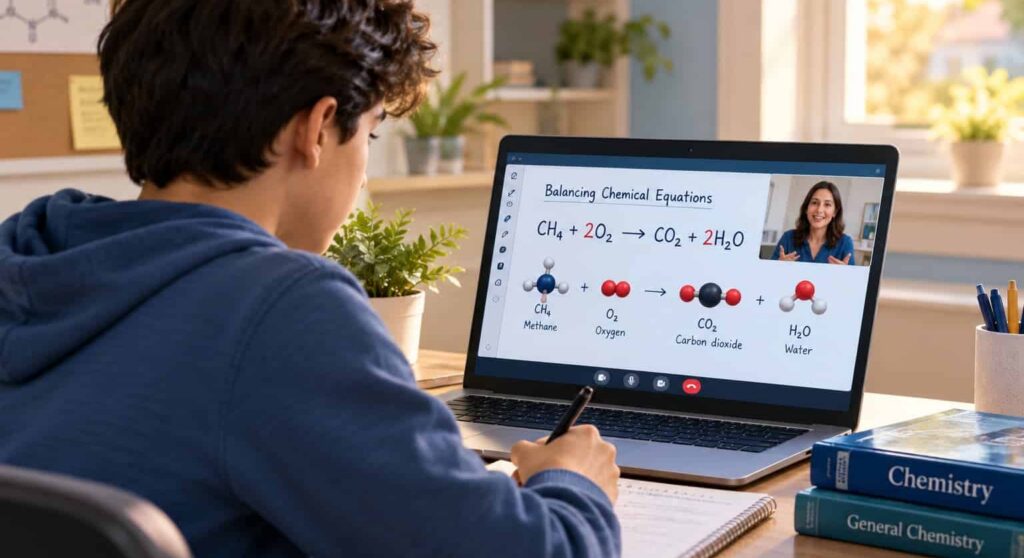 High school student attending an online chemistry tutoring session at home with a laptop showing a balanced chemical equation and molecular diagrams.
