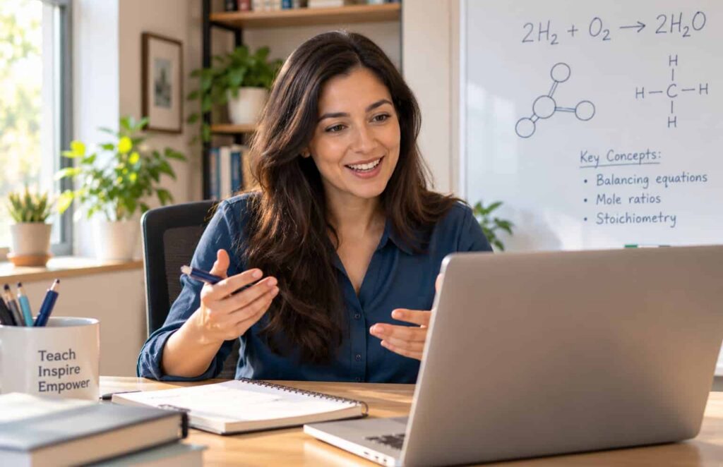 Experienced educator conducting an online chemistry tutoring session with a laptop and chemistry equations visible on a whiteboard.