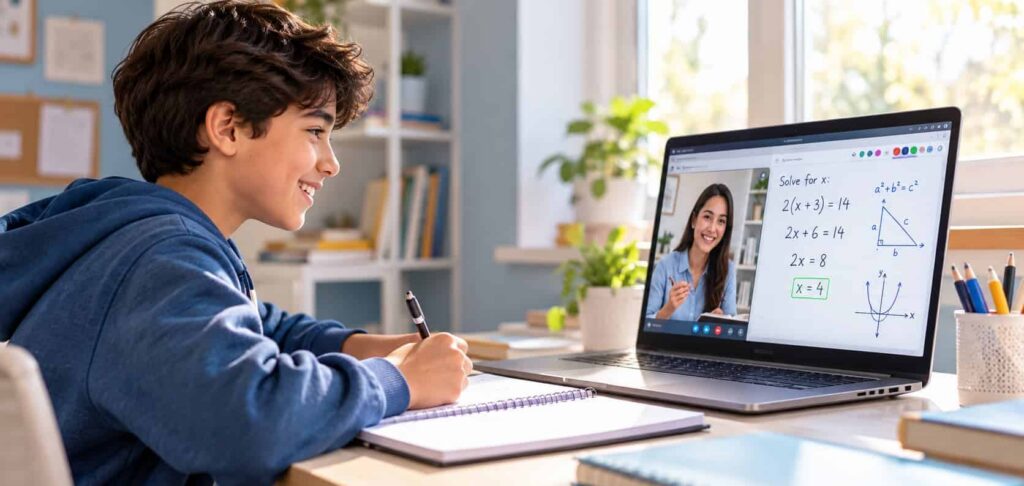 Middle-school student learning math with an online tutor and digital whiteboard on a laptop at home.