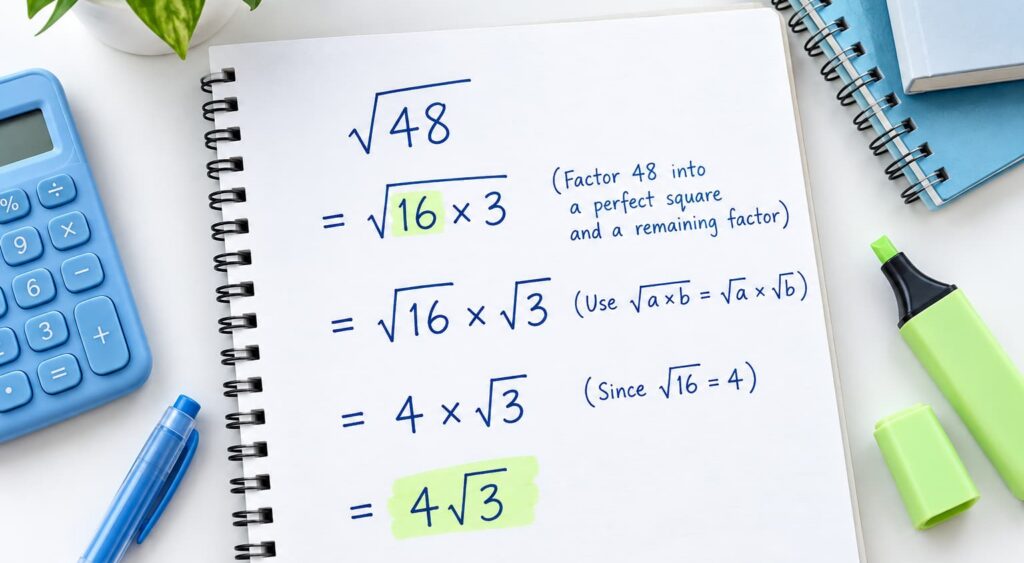 Math worksheet showing step-by-step simplification of √48 into 4√3, with the perfect square factor 16 and final answer highlighted in green.