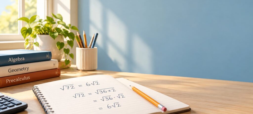 Open math notebook showing the steps to simplify √72 into 6√2, with a pencil on a sunlit study desk and a blue background.